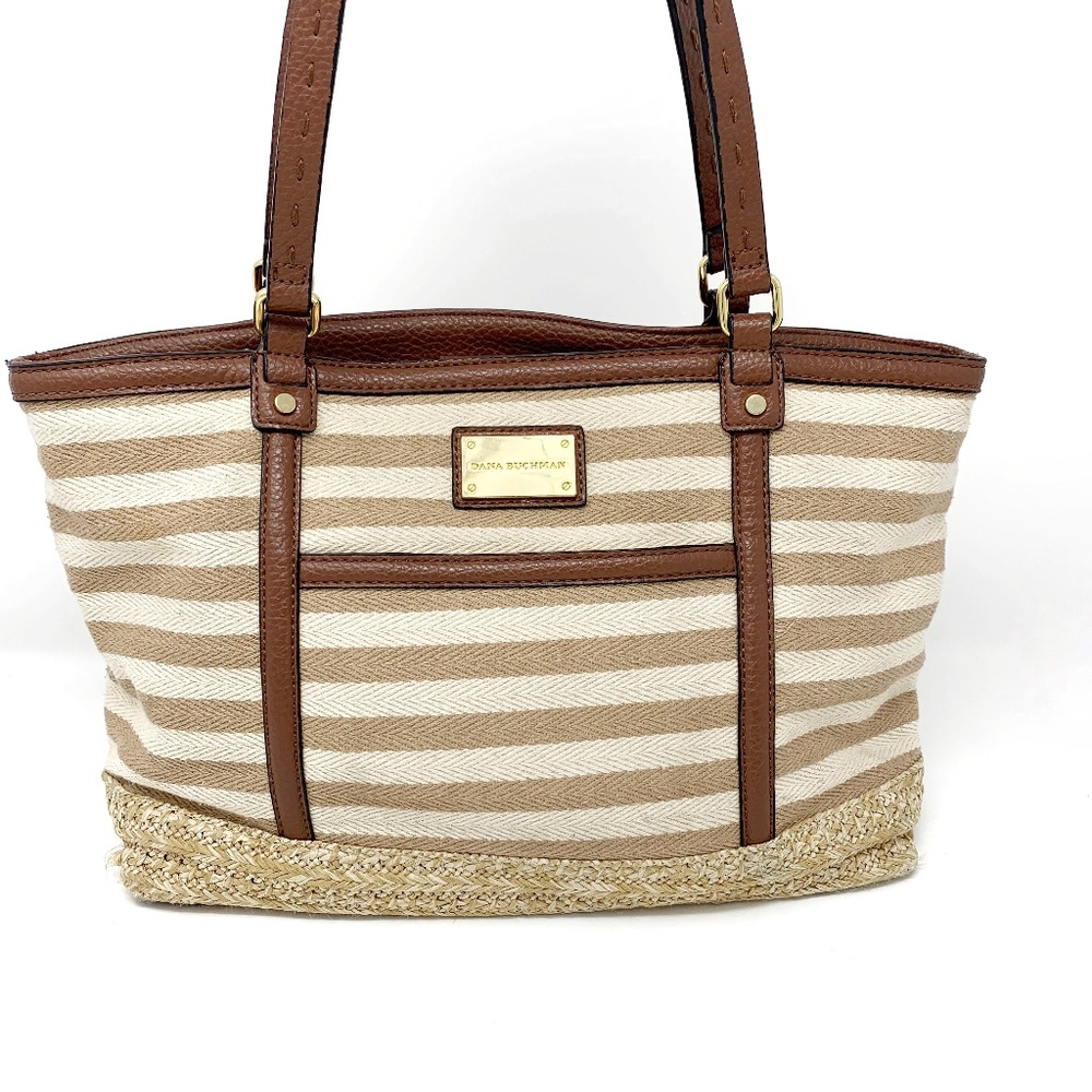 Dana Buchman Natural Striped Canvas & Straw Tote